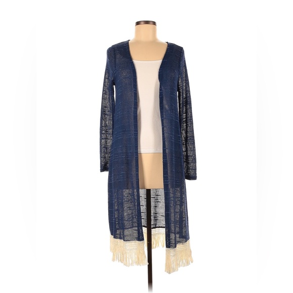 Nabee Blue Open Front Long Sleeve Cardigan Fringe Hem - Picture 1 of 3